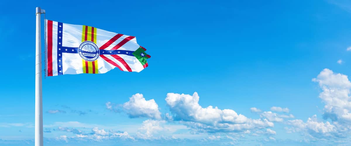 A flag on a pole with a blue sky and clouds in the background.