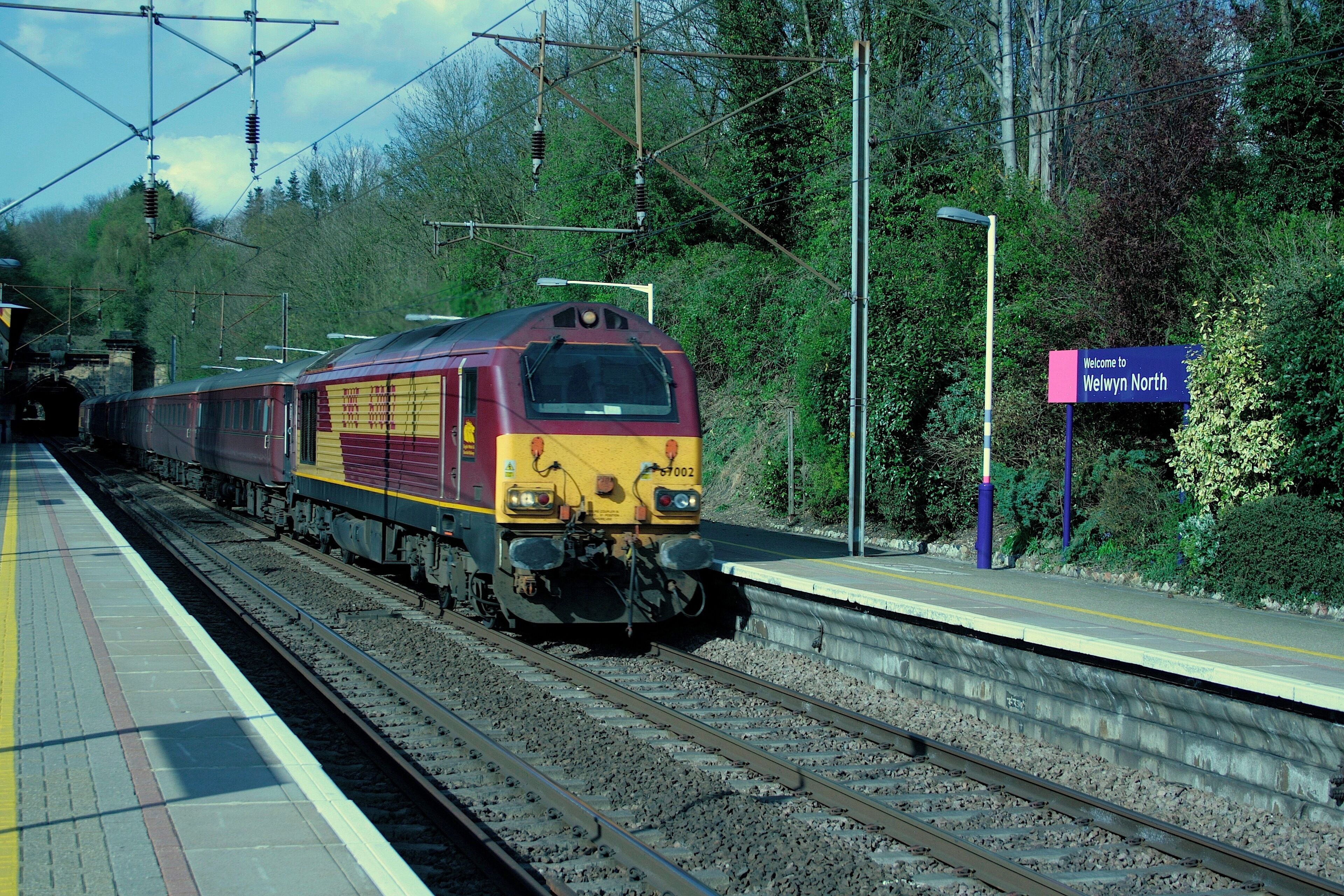 A Class 67 in late afternoon sun at Welwyn North.