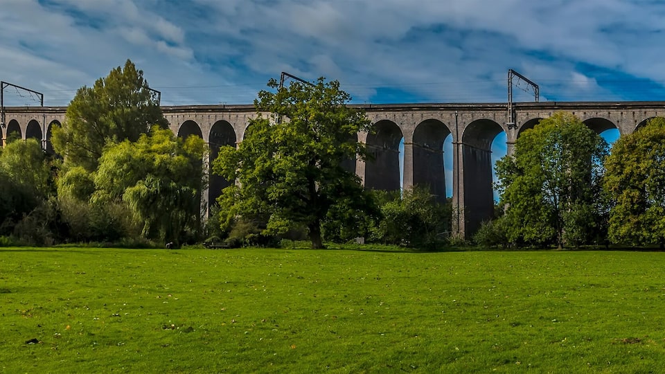 A large green field with a historic stone bridge in the background.