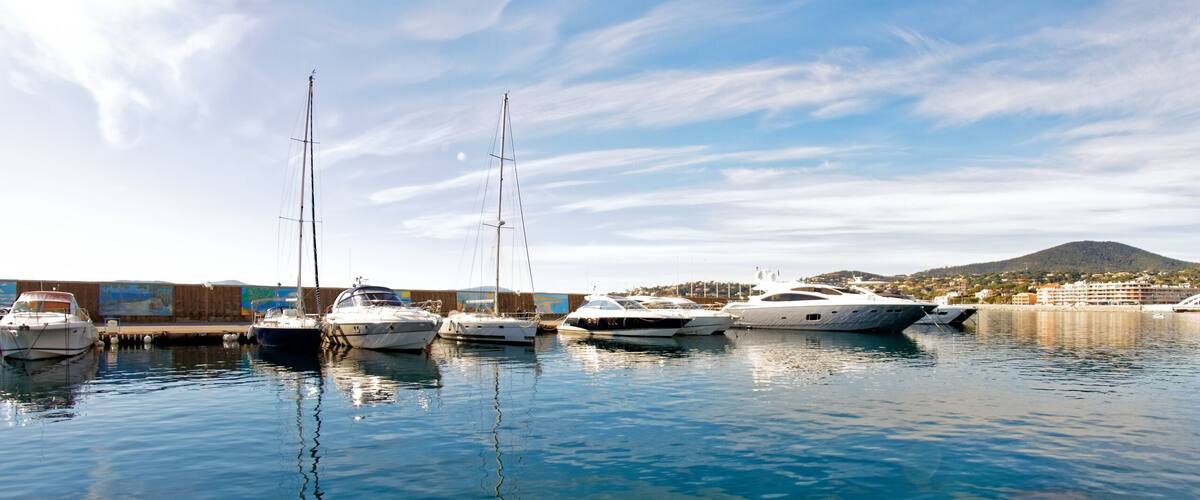 A marina with several yachts docked, a mountain in the background, and a coastal town with buildings.