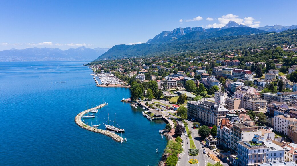 Aerial view of Evian (Evian-Les-Bains) city in Haute-Savoie in France