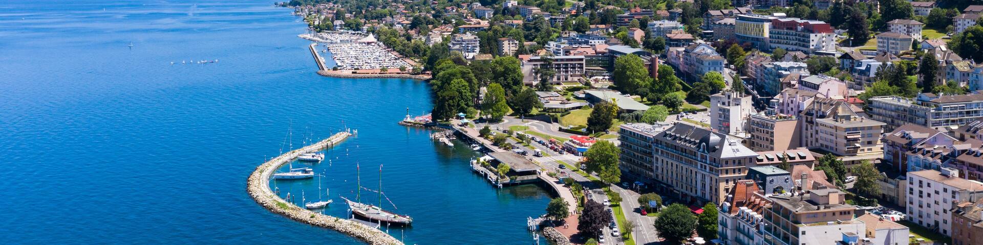 Aerial view of Evian (Evian-Les-Bains) city in Haute-Savoie in France