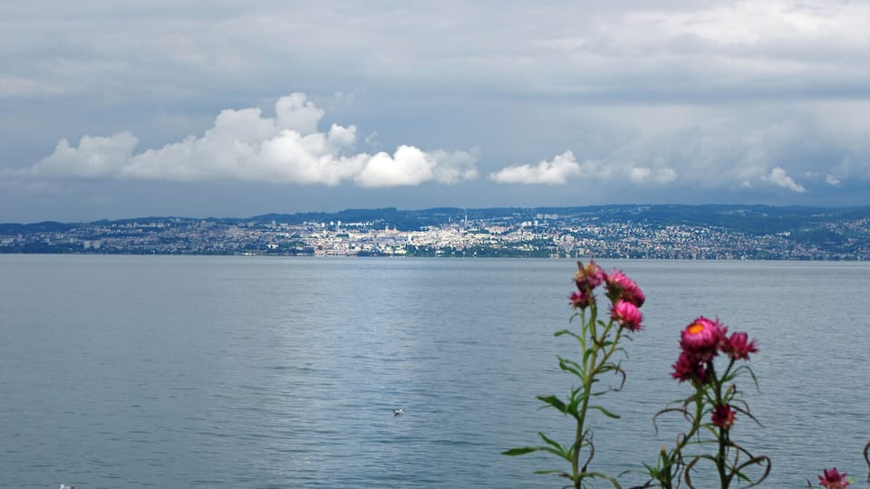 A calm lake with a cityscape in the distance, surrounded by clouds.