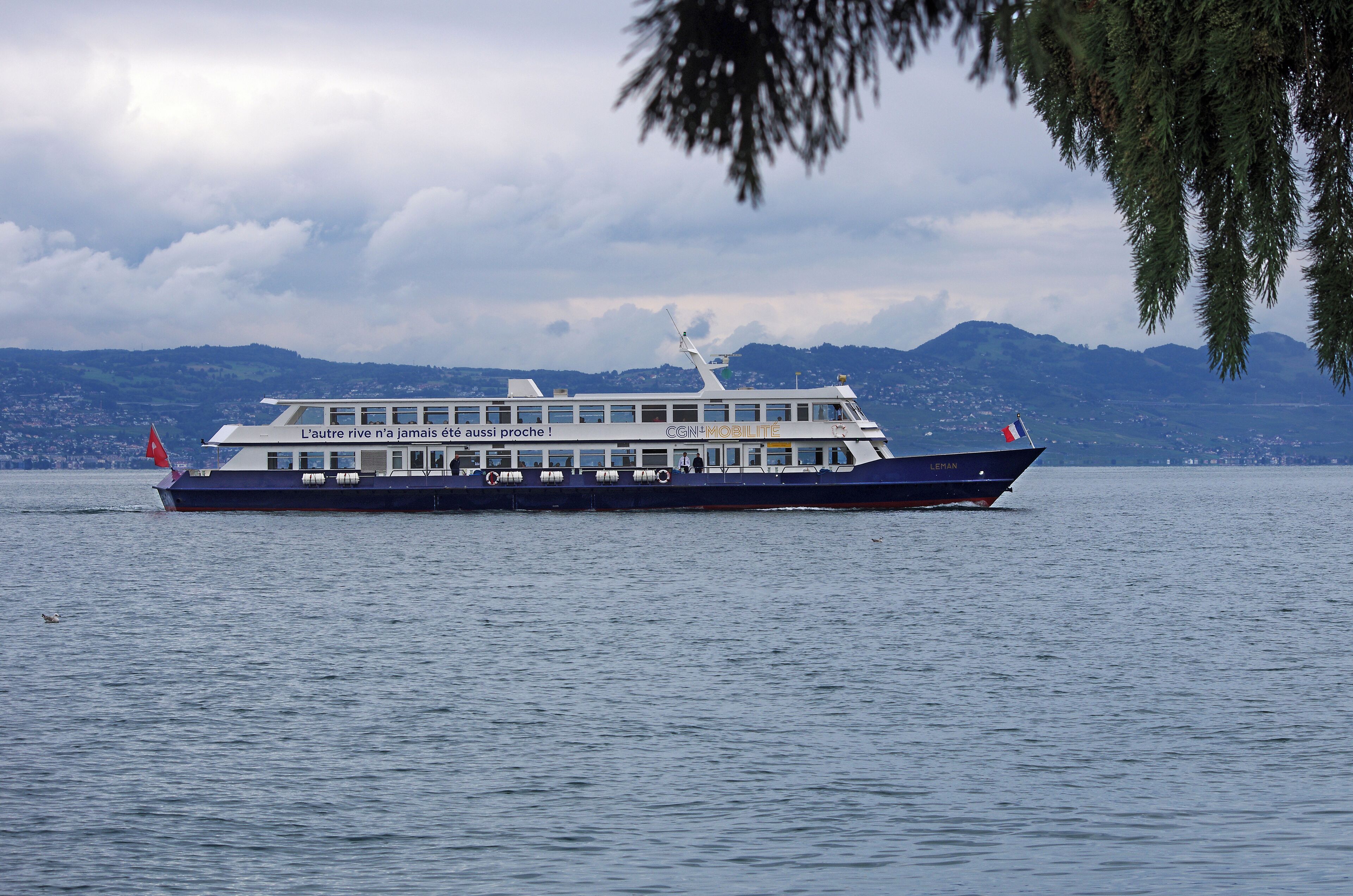 Le bateau le Léman, appartenant à la Compagnie générale de navigation (CGN), a été mis en service en 1990. Sa capacité est d'environ 800 passagers. Il mesure presque 50 m de longueur et 9 de largeur. La traversée Evian-Lausanne se fait en une quarantaine de minutes. The boat Léman belonging to the General Navigation Company (CGN), was commissioned in 1990. Its capacity is 800 passengers. It measures almost 50 meters long and 9 wide. Crossing Evian-Lausanne is in forty minutes.