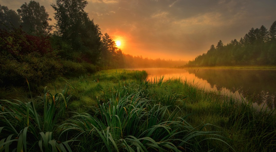 Green Canoe and Chairs on a Dock Next to a Lake at Sunset - Haliburton Highlands, Ontario, Canada