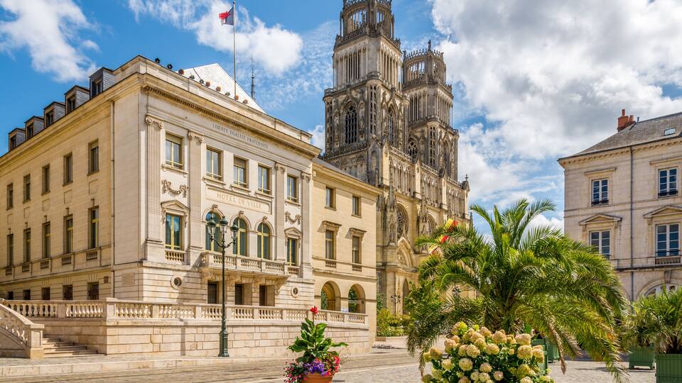 A historic building with a clock tower, a statue, and a flag.