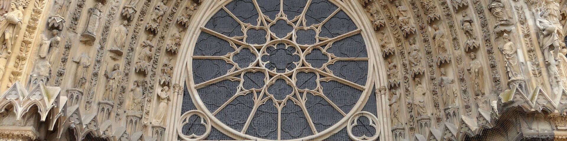 The front elevation of the ancient Reims Cathedral.