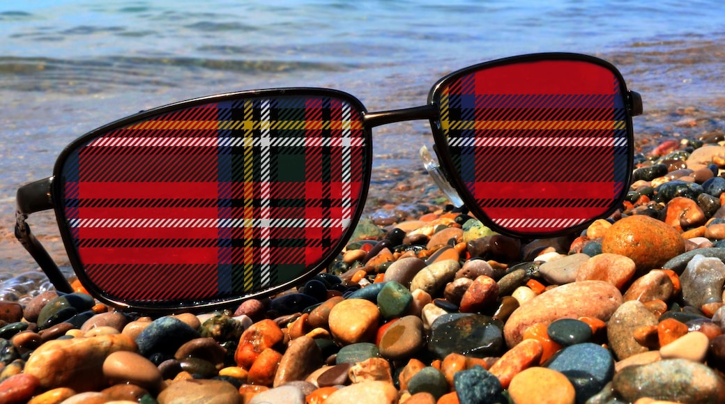 Gaelic tartan of red, white, green and yellow imposed on sunglass lenses