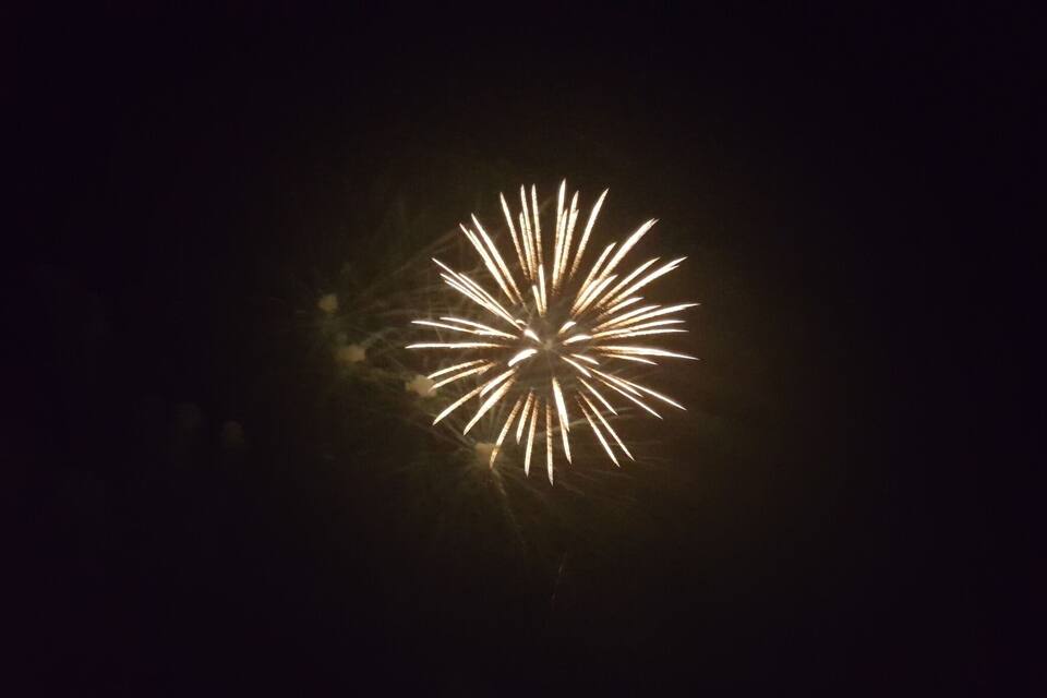 En fyrverkeriraket som exploderar på den mörka himlen.
