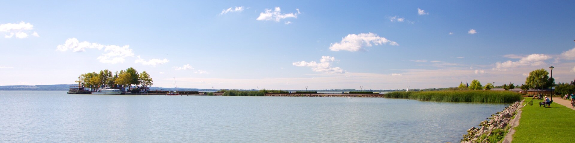 Un lago tranquilo con una orilla cubierta de hierba, una pequeña isla con árboles y una costa distante con edificios.