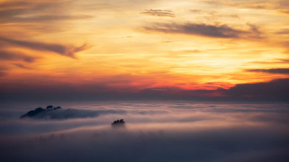 A sunset over a cloud-covered landscape with a silhouette of trees.