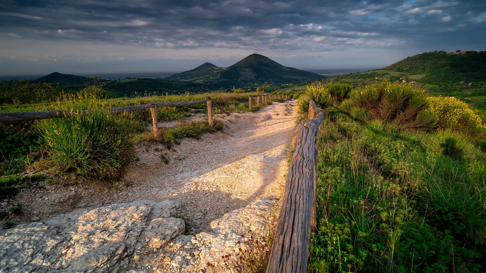 Ein Kiesweg mit Holelllaufstangen führt zu einem Berg.