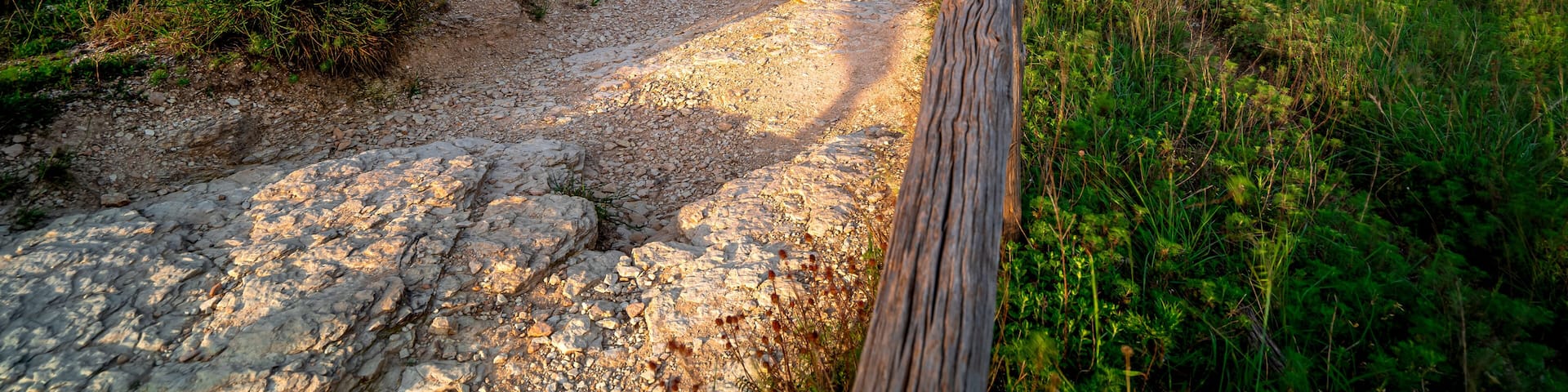 A gravel path with wooden railings leading to a mountain.