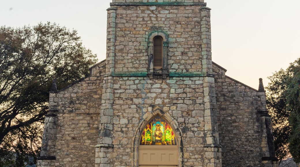 Sun shining through stained glass at St. Louis Catholic Church in Castroville was built in 1867 with local limestone. The Parish was established in 1844 with the earliest settlement of the town.