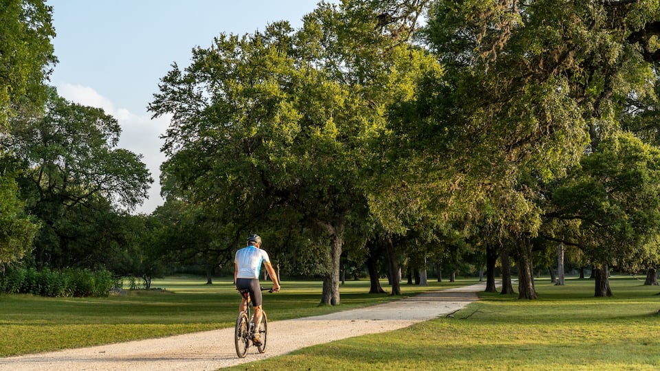 A person riding a bicycle on a gravel path in a park with trees.