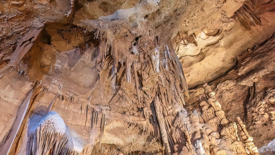 A cave with stalactites and stalagmites.