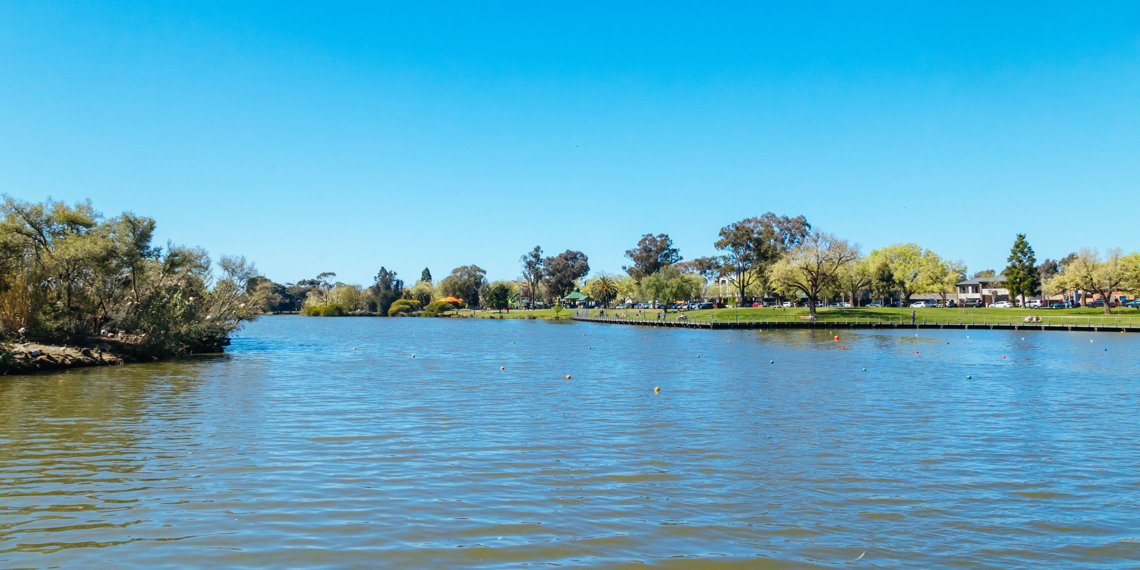 Un lago tranquilo con árboles y una zona cubierta de hierba en la orilla.