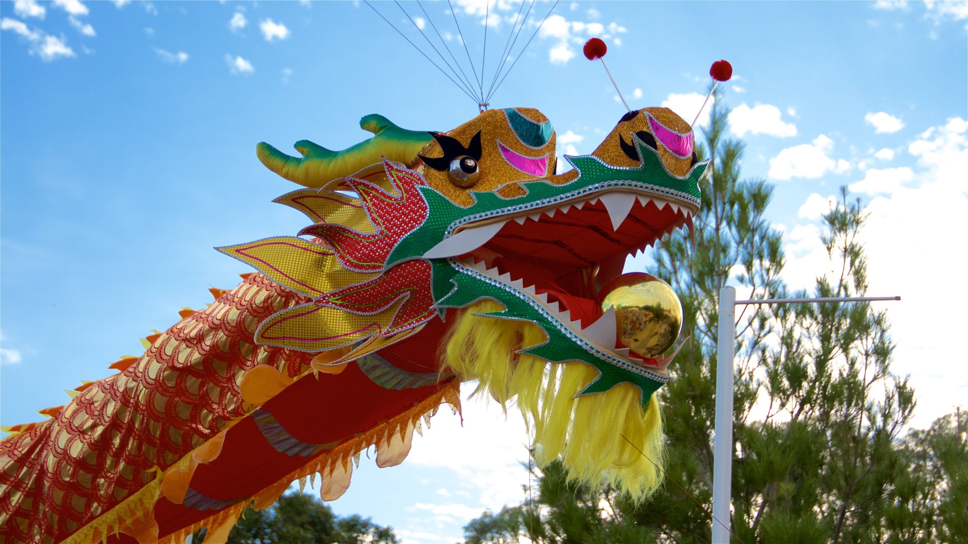 Un colorido carro de desfile con un dragón, decorado con diseños intrincados y flecos, sobre un cielo despejado.