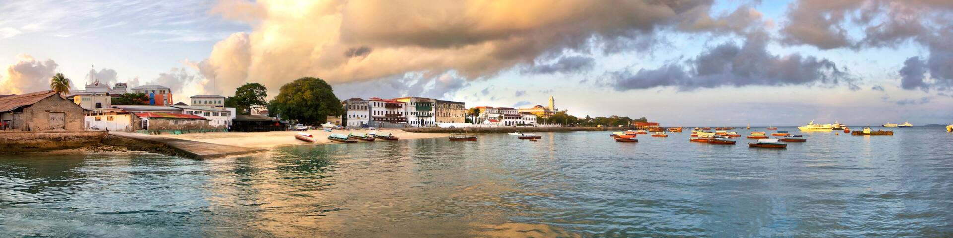 A coastal town with buildings, boats, and a large cloud formation.