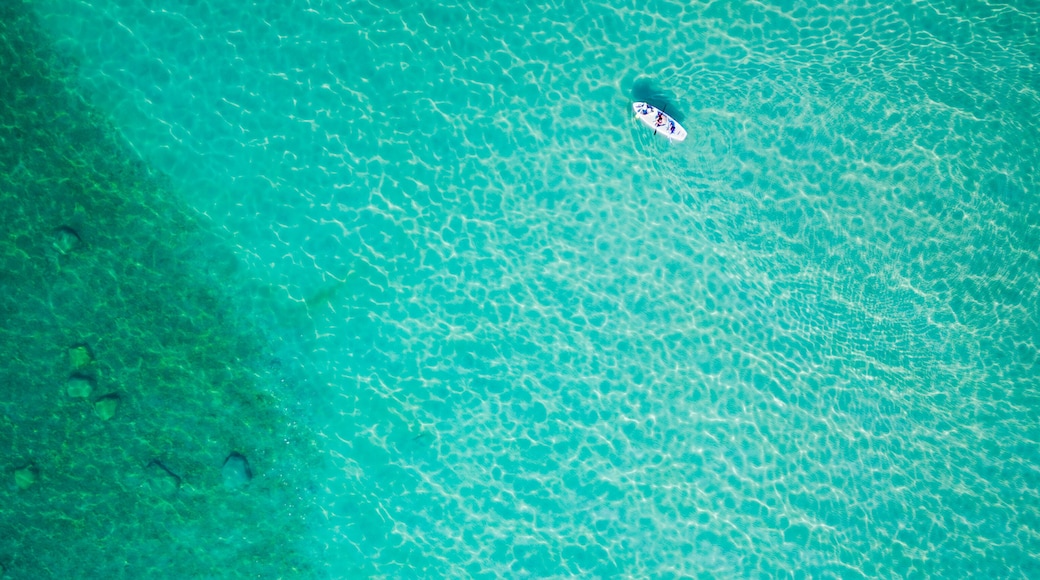 Paddle boarder in Lake Huron, vivid turquoise waters from above