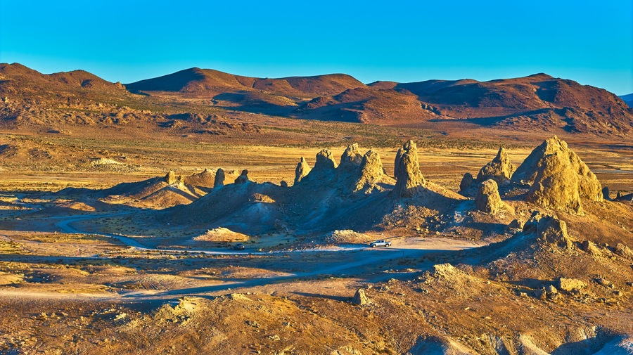Aerial Trona Pinnacles California Golden Hour Rock Spires and Desert Landscape