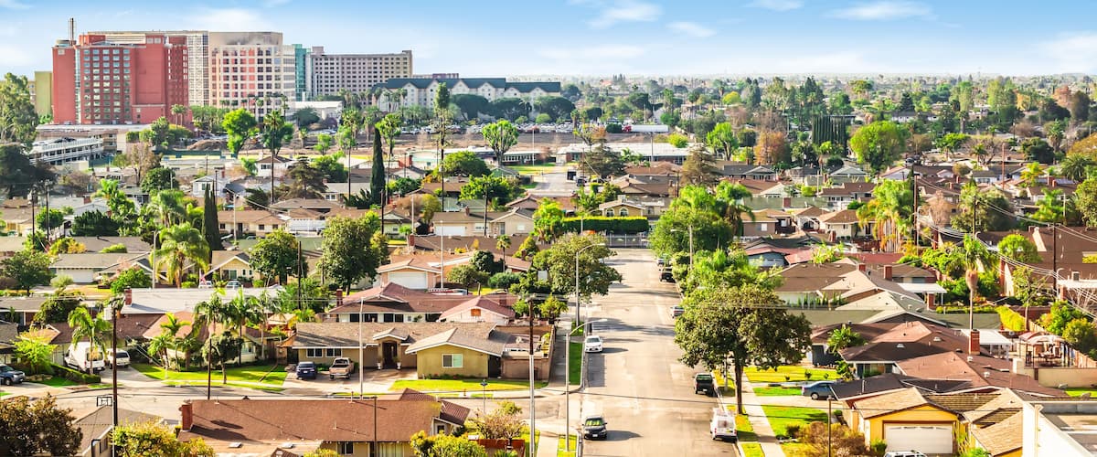 A suburban neighborhood with residential houses, palm trees, and a distant city skyline.