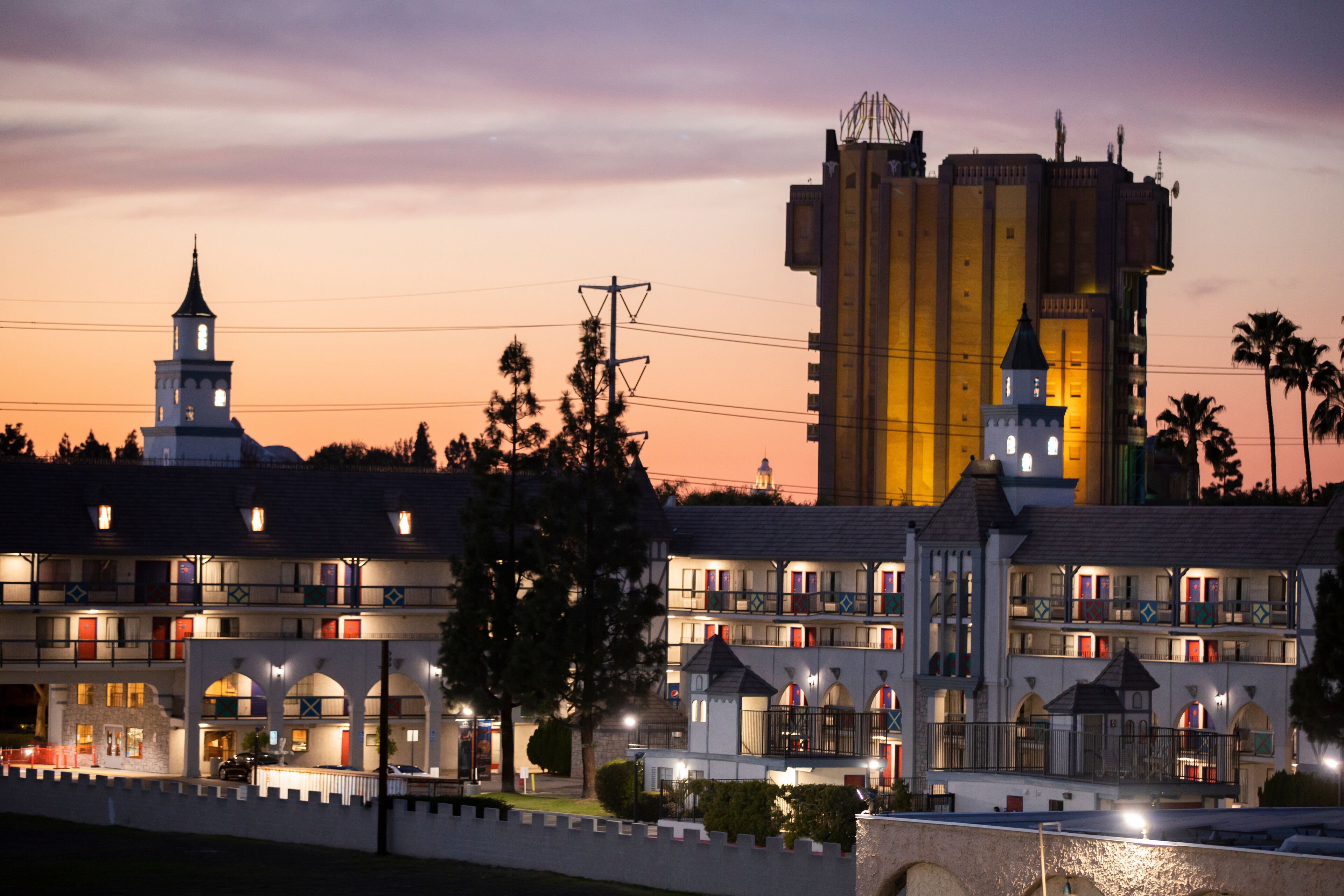 Twilight view of the skyline of downtown Anaheim, California, USA.