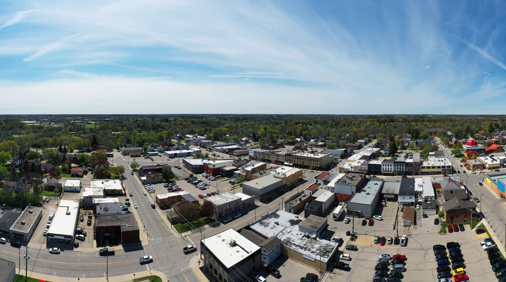 Aerial panorama view of the Tillsonburg, Ontario, Canada city center