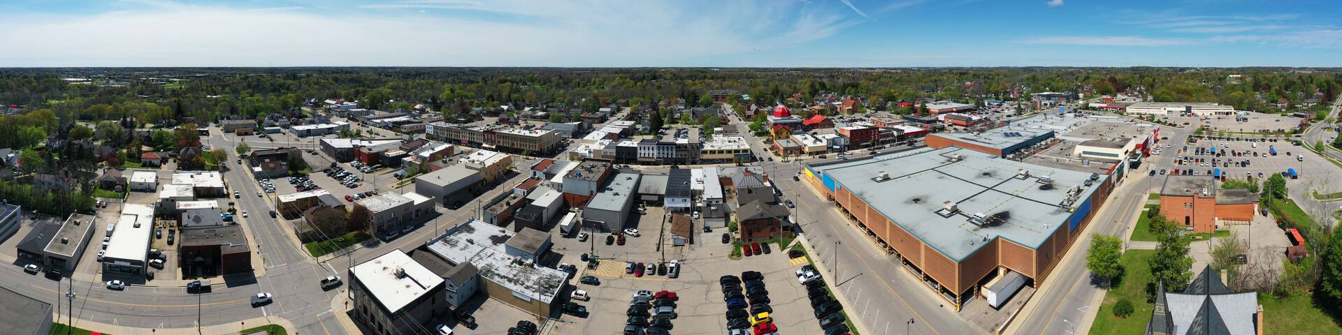 Aerial panorama view of the Tillsonburg, Ontario, Canada city center