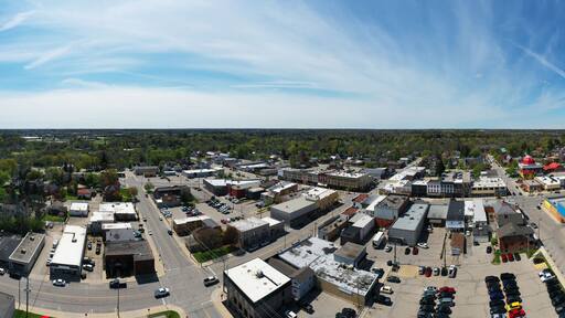 Aerial panorama view of the Tillsonburg, Ontario, Canada city center