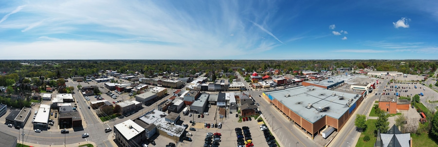 Aerial panorama view of the Tillsonburg, Ontario, Canada city center