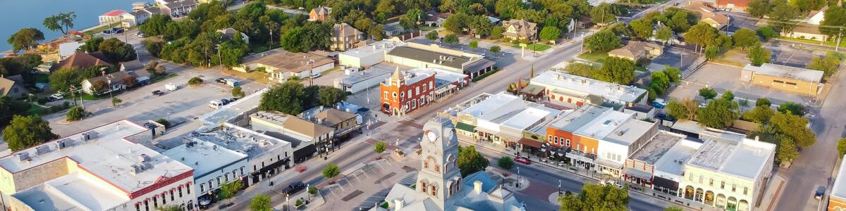 Aerial view Hood County Courthouse near Lake Granbury with unique boutique shops, restaurant in Texas, USA