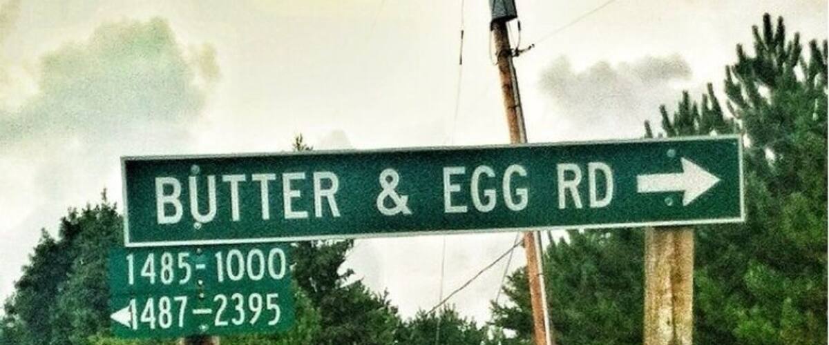 A road sign for Butter & Egg Rd with directional arrows and route numbers.