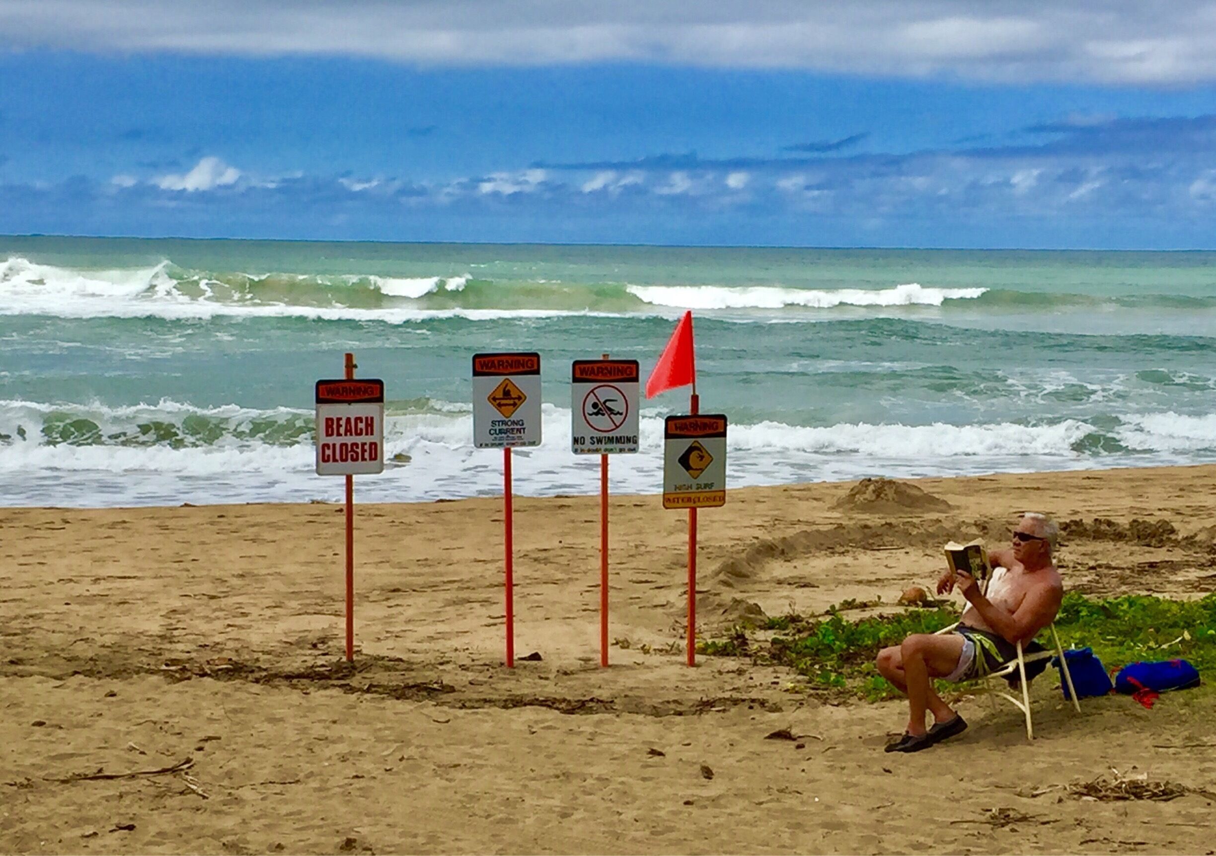 Hanalei beach. No swimming posted. Currents too intense. 
