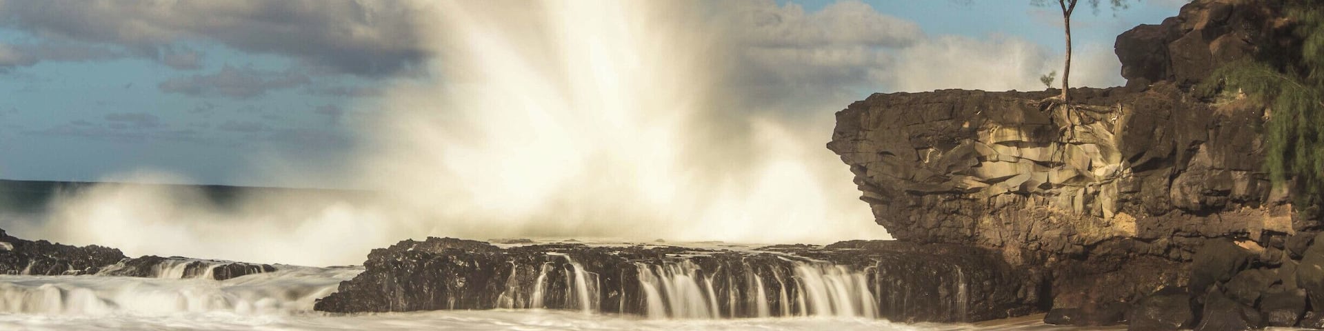 A beach with a waterfall crashing into the ocean, a rocky cliff, and a lone tree.