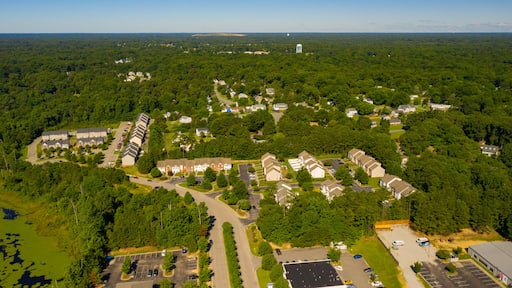 Luchtbeeld van een woongebied met huizen, wegen en een watertoren.