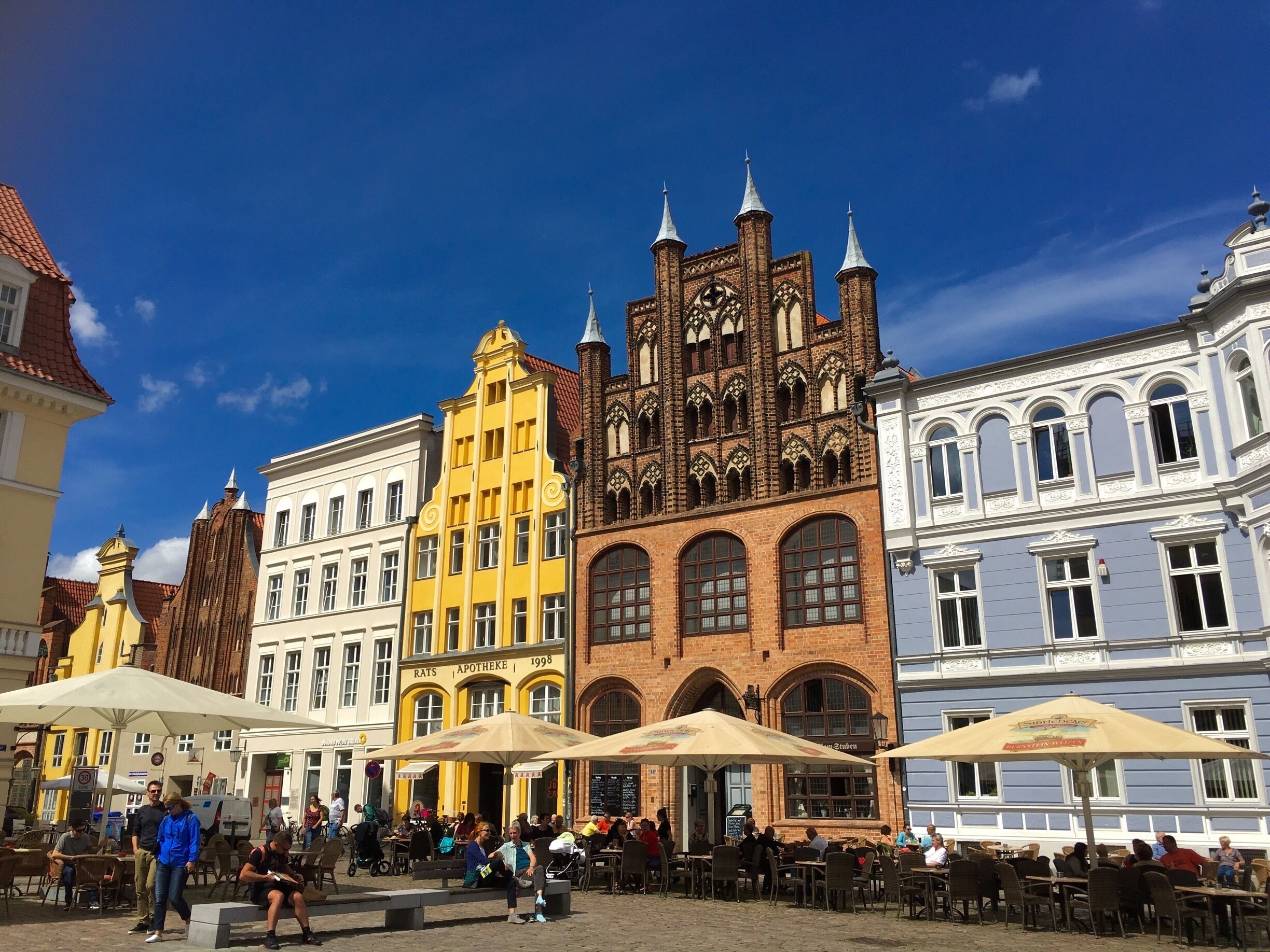 Beautiful old brick gothic houses at the Old Market Square of Stralsund