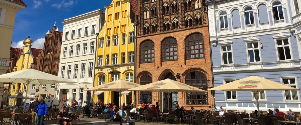 Beautiful old brick gothic houses at the Old Market Square of Stralsund