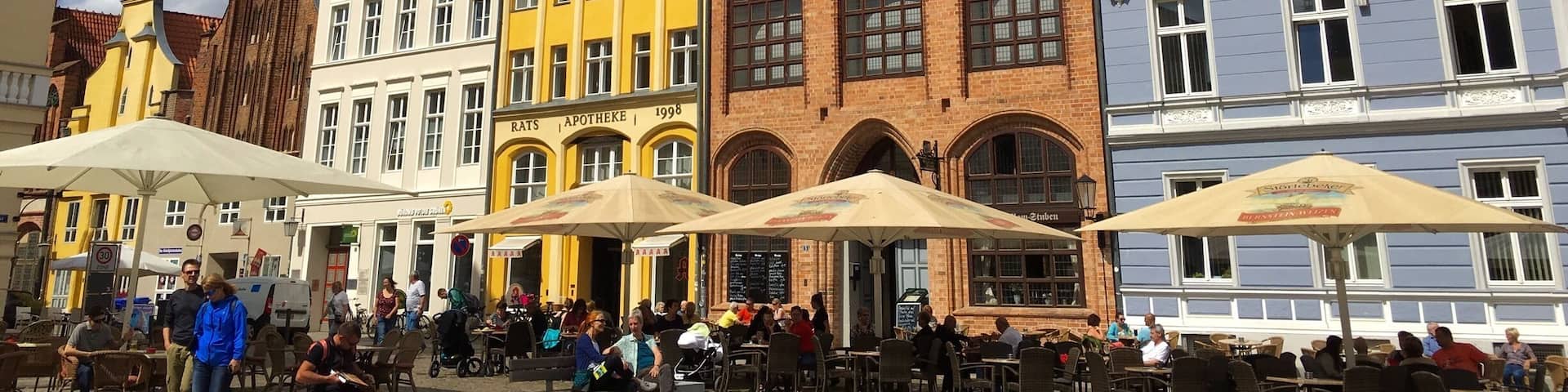 Beautiful old brick gothic houses at the Old Market Square of Stralsund