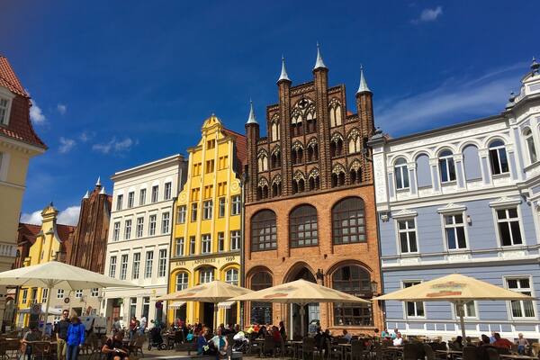 Beautiful old brick gothic houses at the Old Market Square of Stralsund