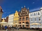 Beautiful old brick gothic houses at the Old Market Square of Stralsund