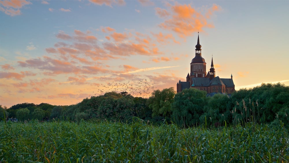 A church with a tall spire and a dome, surrounded by trees and a field of tall grass.