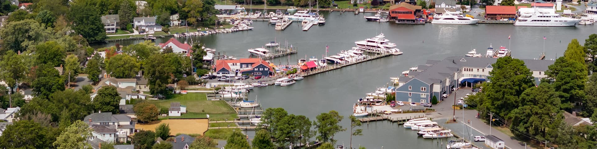 A coastal town with a marina, houses, and a forested landscape.