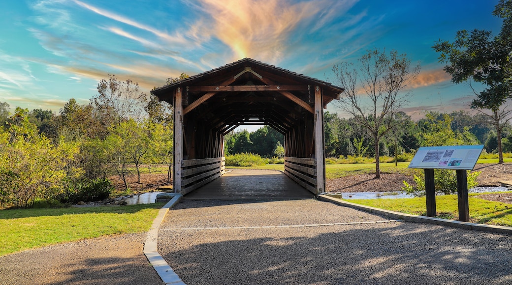 a shot of a wooden covered bridge over a river surrounded by lush green and autumn colored trees with lush green grass, blue sky and clouds at sunset at Garrard Landing Park in Alpharetta Georgia USA