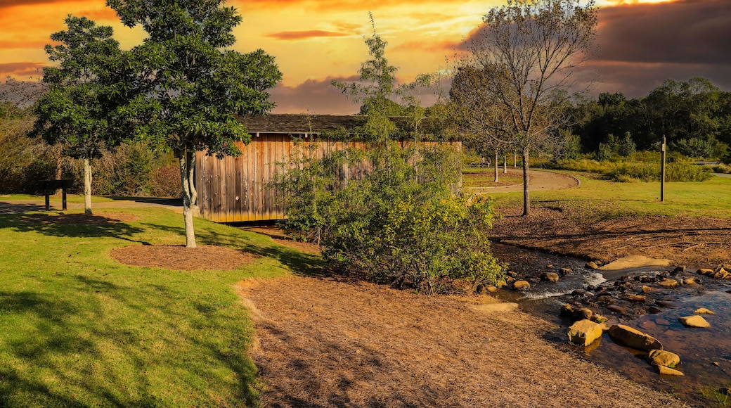 a shot of a wooden covered bridge over a river surrounded by lush green and autumn colored trees with lush green grass and powerful clouds at sunset at Garrard Landing Park in Alpharetta Georgia USA