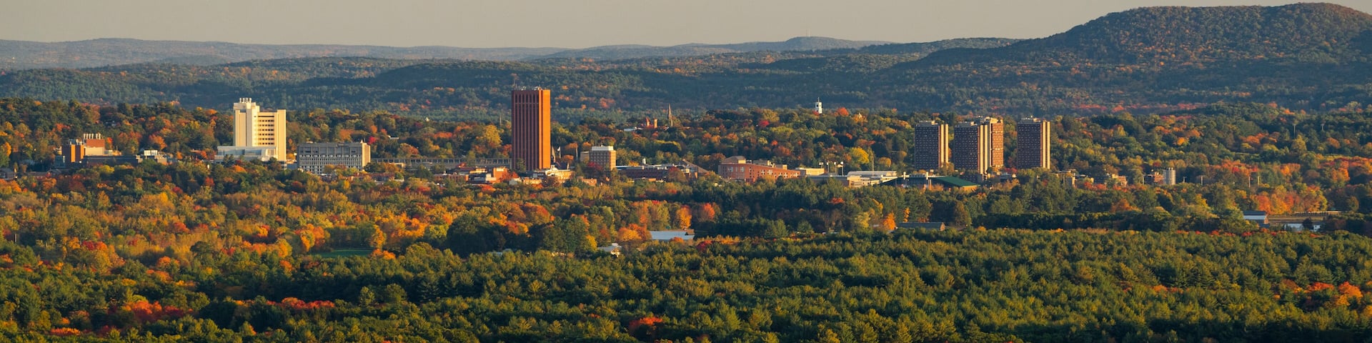 Fall foliage with the Greater Amherst, Massachusetts urban landscape in the distance