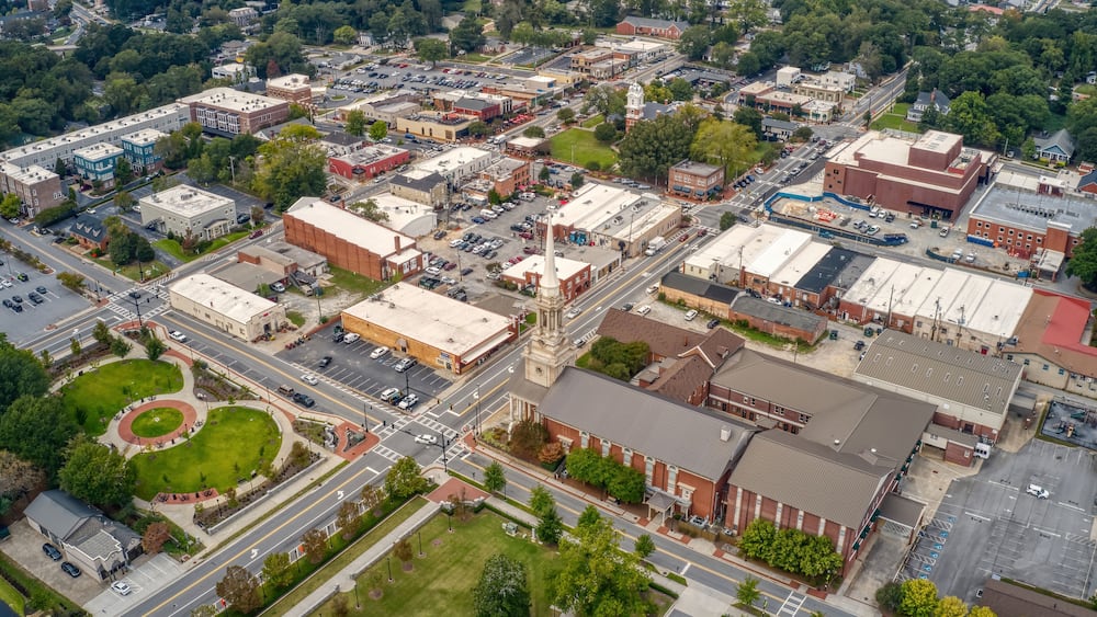 Aerial View of the Atlanta Outer Ring Suburb of Lawrenceville, Georgia