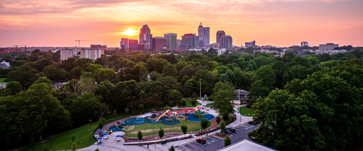 A city skyline at sunset with a park in the foreground.