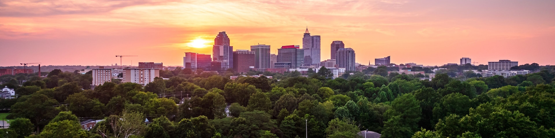A city skyline at sunset with a park in the foreground.