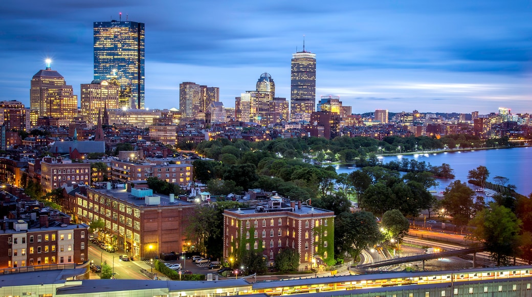 Conceptual image of Boston in Massachusetts, USA at night showcasing the Back Bay park of the city.